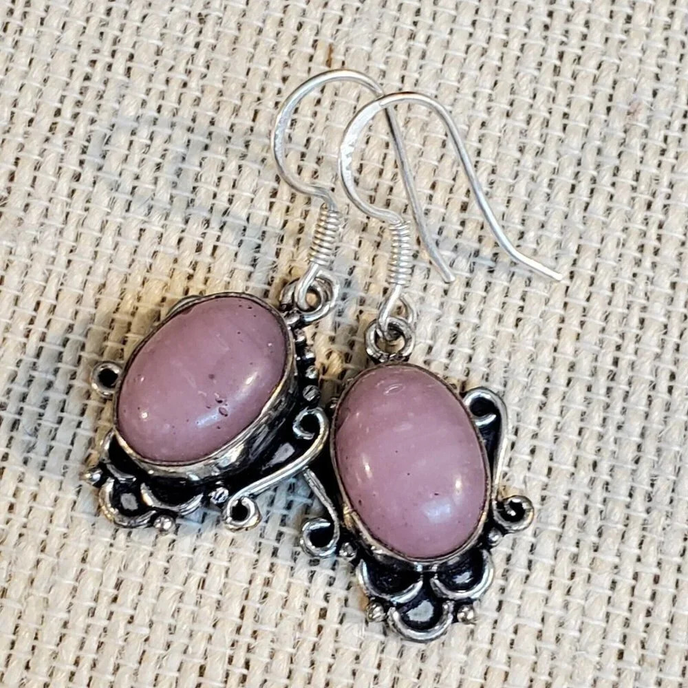 Artisan India Art Nouveau Scrolls Oval Stone 925 Sterling Silver Earrings - Picture 3 of 6